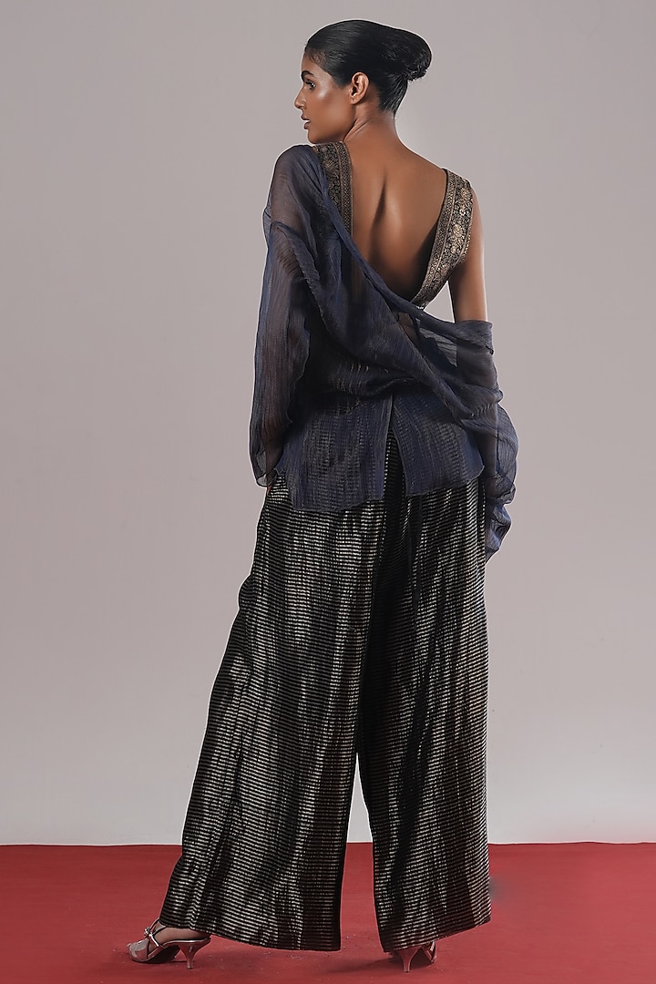 Black Tissue Silk Striped Wide-Leg Pants by Urvashi Kaur at Pernia's Pop Up Shop