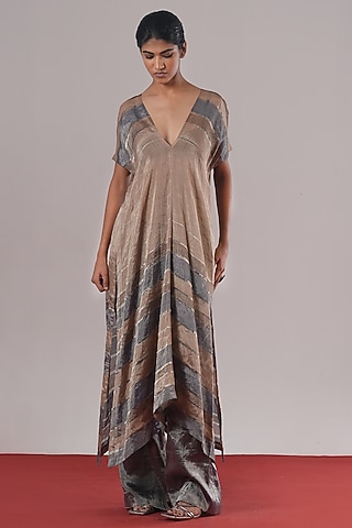 Indigo Blue Handwoven Tissue Silk Striped Tunic by Urvashi Kaur