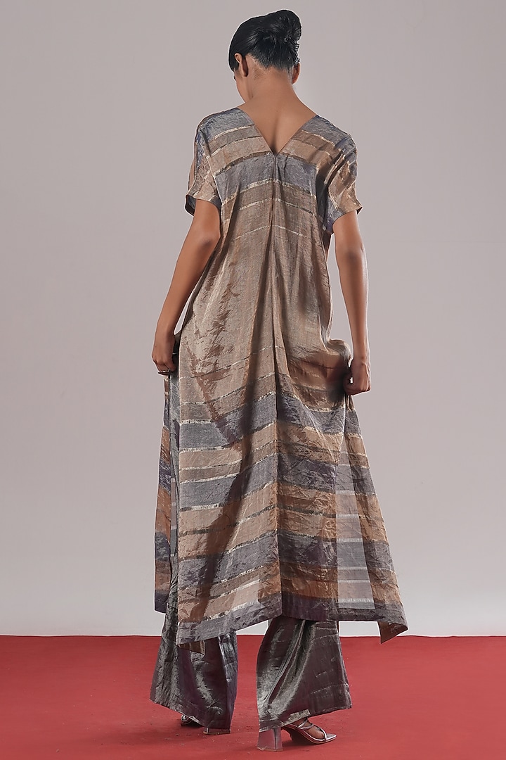 Indigo Blue Handwoven Tissue Silk Striped Tunic by Urvashi Kaur at Pernia's Pop Up Shop