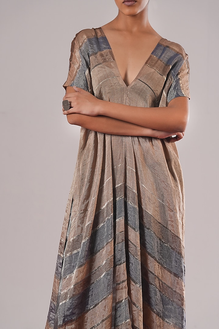 Indigo Blue Handwoven Tissue Silk Striped Tunic by Urvashi Kaur at Pernia's Pop Up Shop