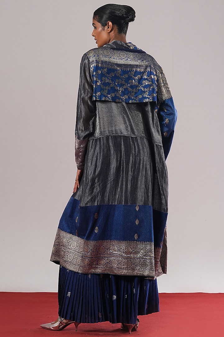 Indigo Blue Brocade Silk Long Jacket by Urvashi Kaur at Pernia's Pop Up Shop