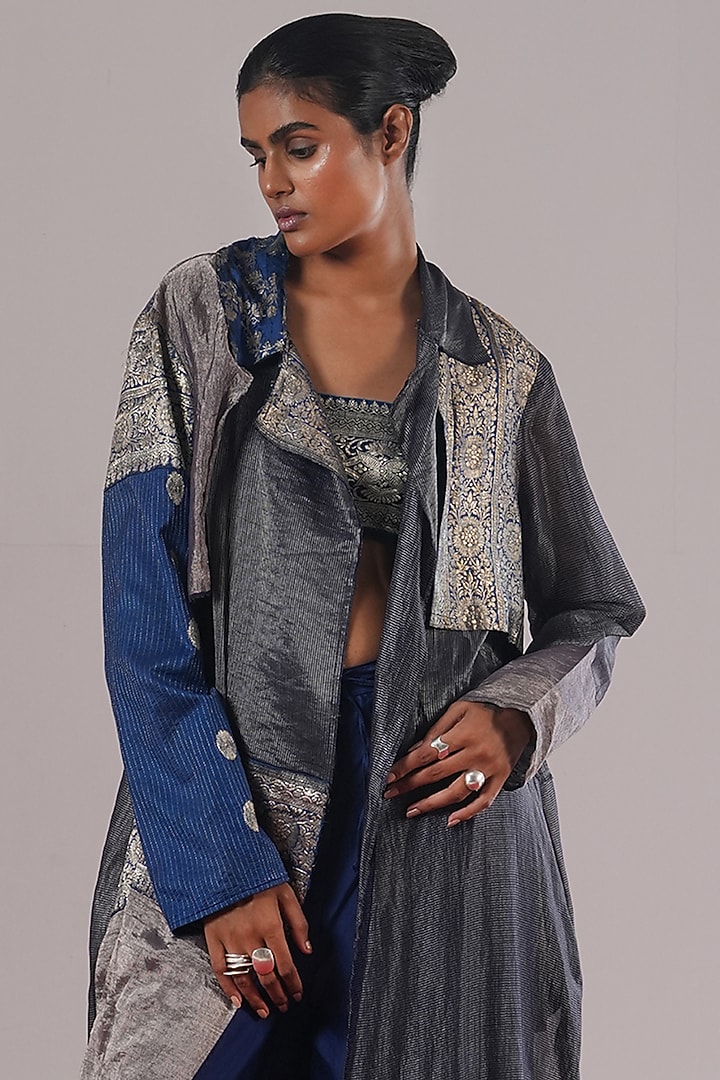 Indigo Blue Brocade Silk Long Jacket by Urvashi Kaur at Pernia's Pop Up Shop