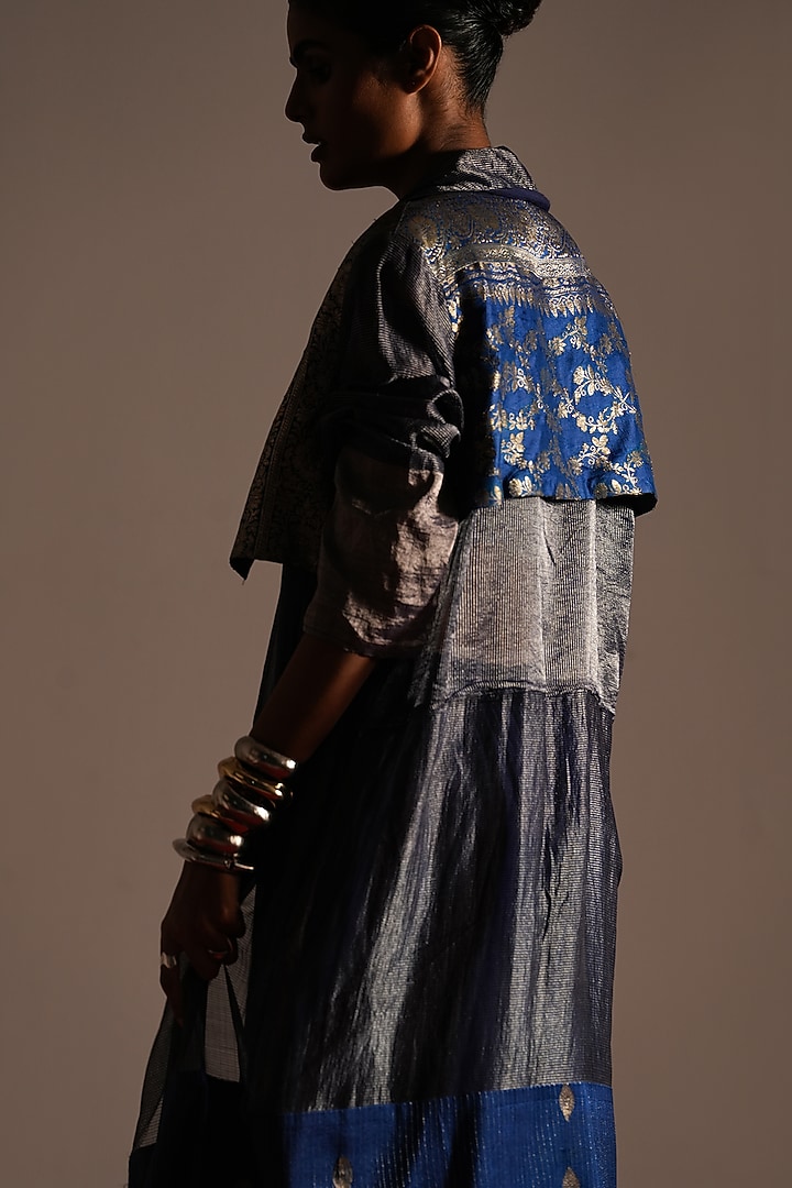 Indigo Blue Brocade Silk Long Jacket by Urvashi Kaur at Pernia's Pop Up Shop