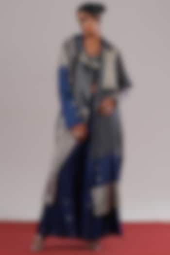 Indigo Blue Brocade Tissue Silk Wide-Leg Pants by Urvashi Kaur at Pernia's Pop Up Shop