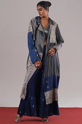 Indigo Blue Brocade Tissue Silk Wide-Leg Pants by Urvashi Kaur