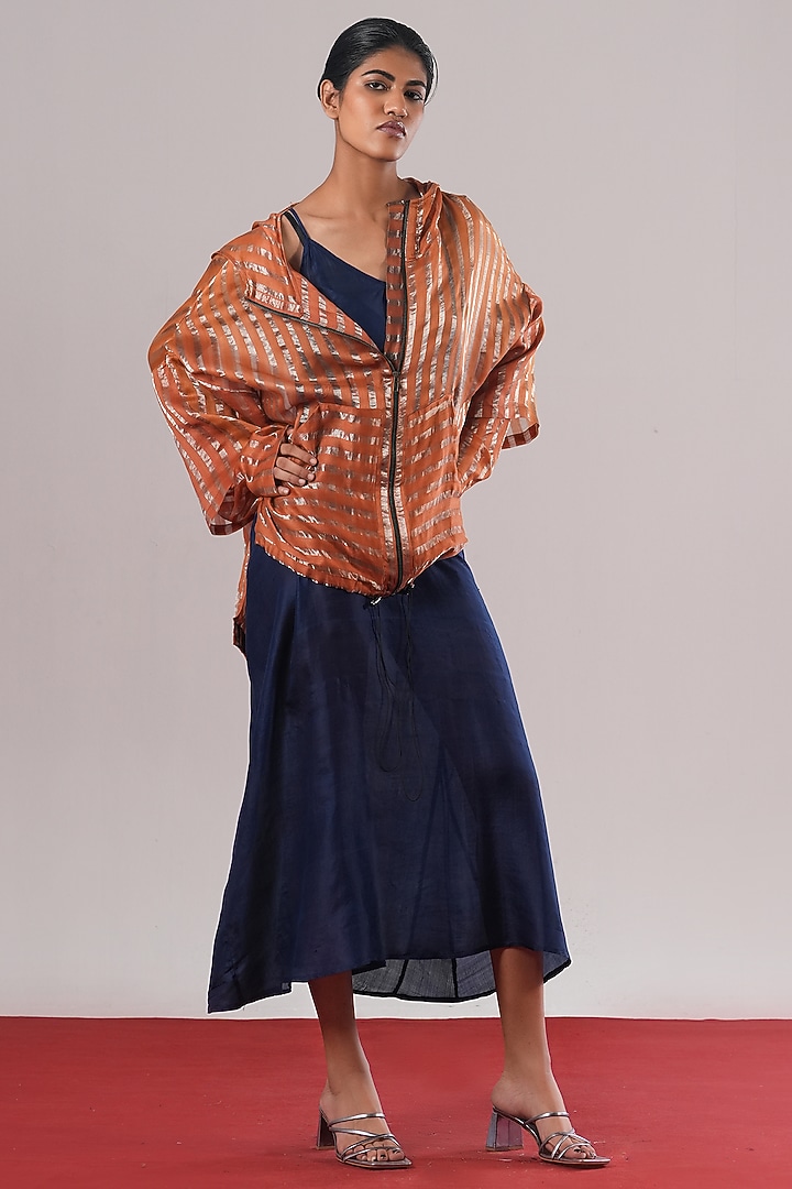 Indigo Blue Tissue Zari Silk Slip Summer Dress by Urvashi Kaur at Pernia's Pop Up Shop