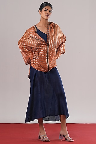 Indigo Blue Tissue Zari Silk Slip Dress by Urvashi Kaur