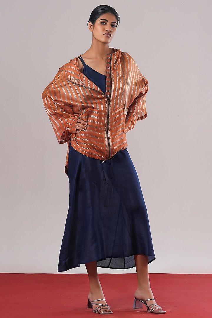 Rust Striped Tissue Silk Oversized Hoodie by Urvashi Kaur at Pernia's Pop Up Shop