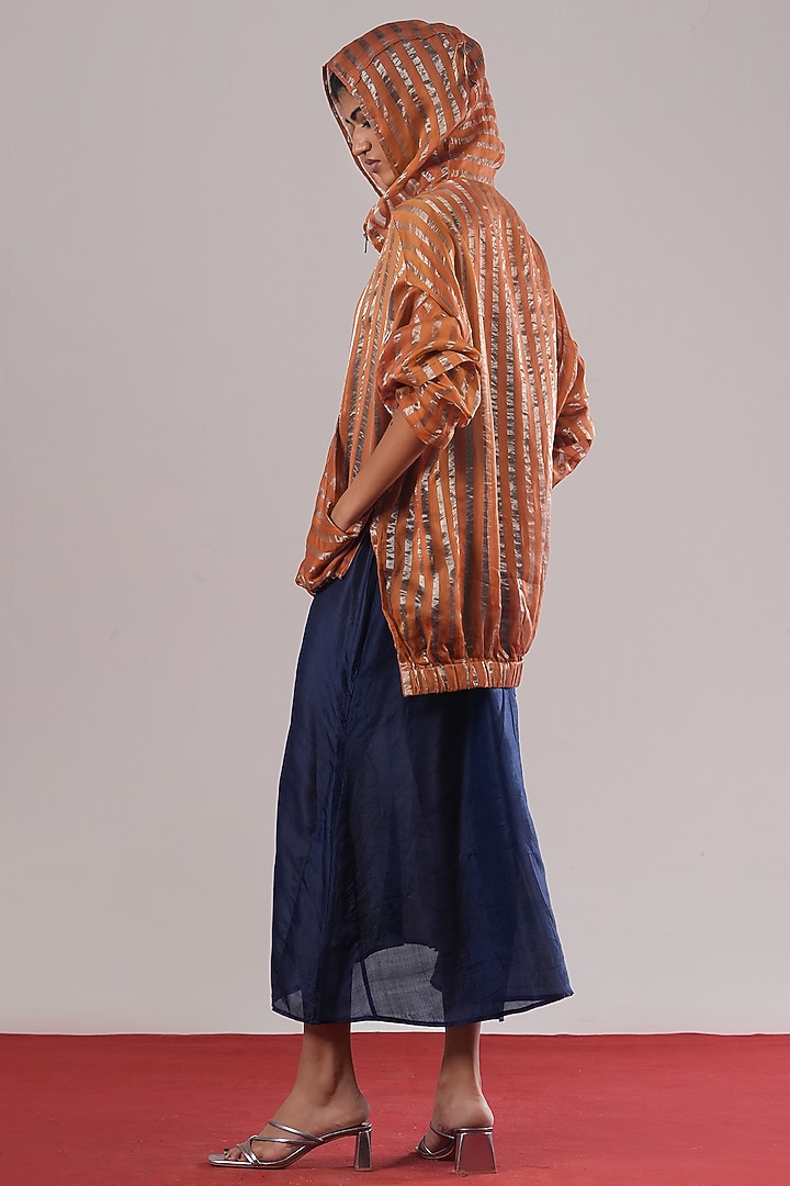 Rust Striped Tissue Silk Oversized Hoodie by Urvashi Kaur at Pernia's Pop Up Shop