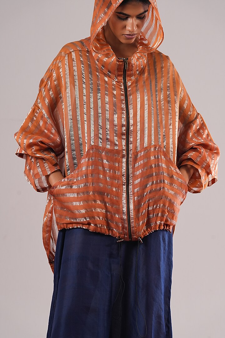 Rust Striped Tissue Silk Oversized Hoodie by Urvashi Kaur at Pernia's Pop Up Shop