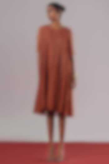 Rust Brocade Silk Pleated Vacation Dress by Urvashi Kaur at Pernia's Pop Up Shop