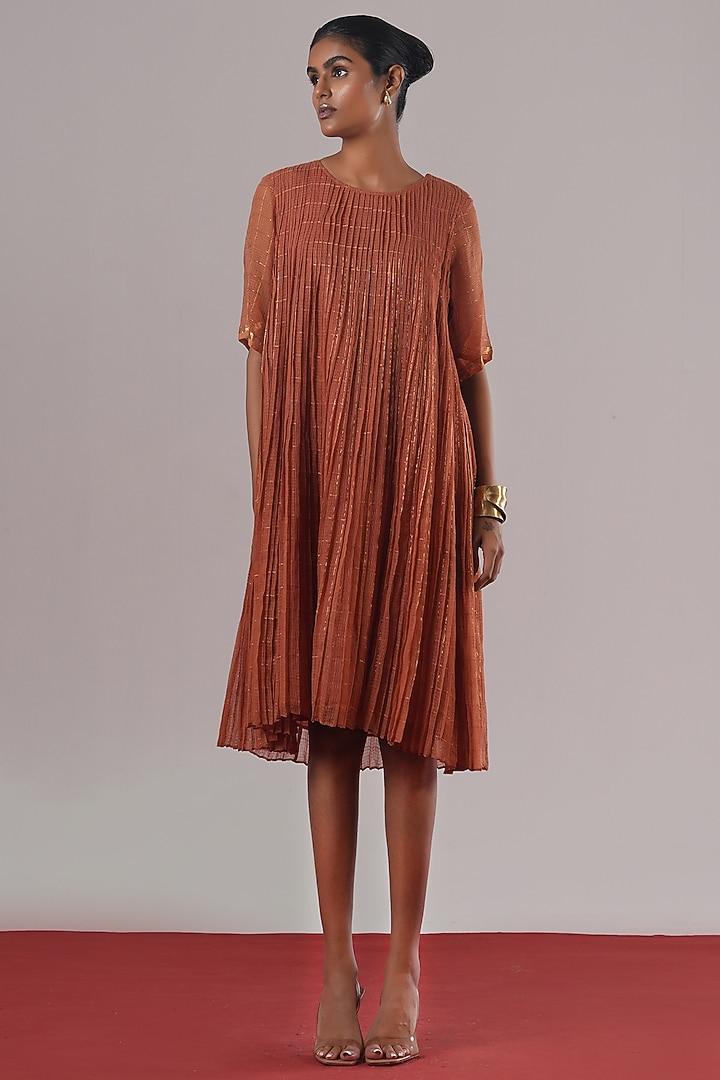 Rust Brocade Silk Pleated Vacation Dress by Urvashi Kaur at Pernia's Pop Up Shop