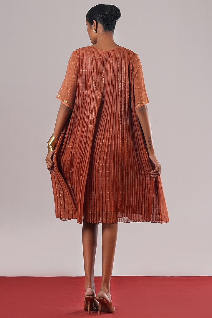 Rust Brocade Silk Pleated Vacation Dress by Urvashi Kaur at Pernia's Pop Up Shop
