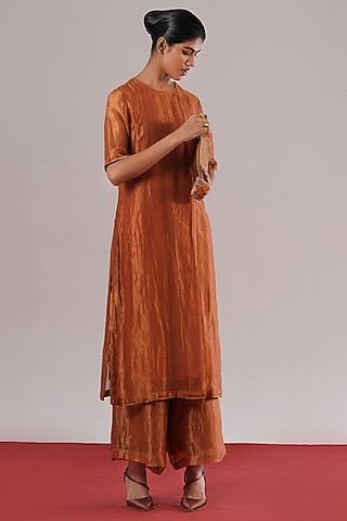 Rust Handwoven Zari Silk Heiko Pants by Urvashi Kaur