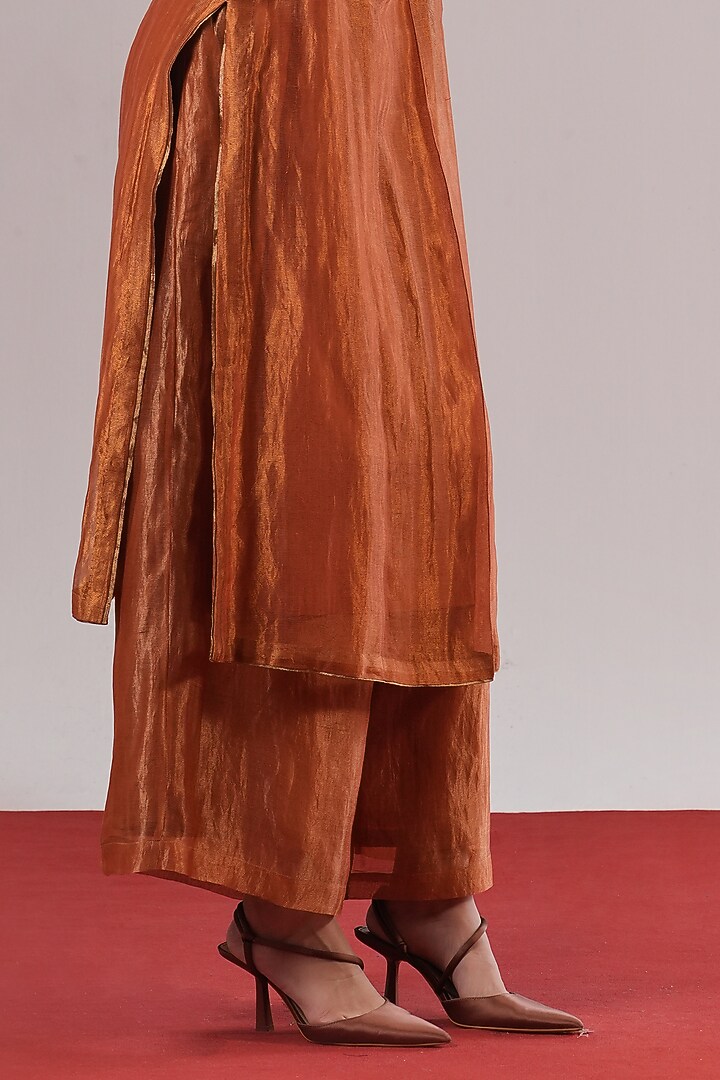 Rust Handwoven Zari Silk Heiko Pants by Urvashi Kaur at Pernia's Pop Up Shop