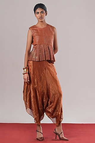 Rust Handwoven Zari Silk Pleated Peplum Top by Urvashi Kaur