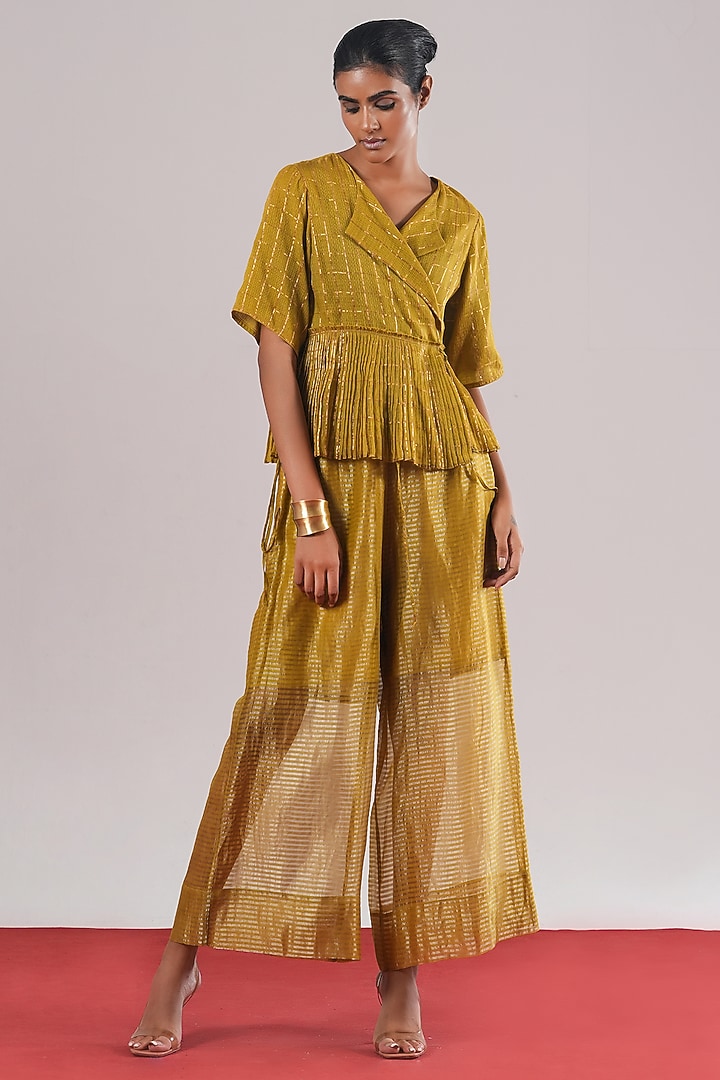 Mehendi Green Hand Woven Zari Kota Doria Wrap Top by Urvashi Kaur at Pernia's Pop Up Shop