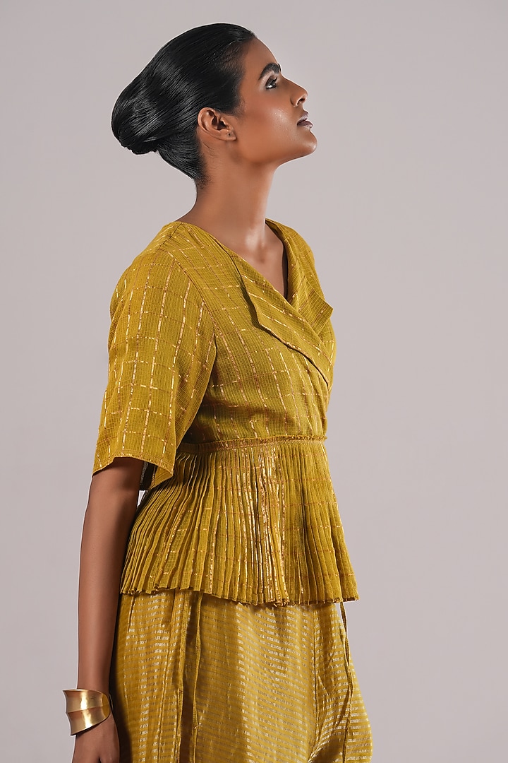 Mehendi Green Hand Woven Zari Kota Doria Wrap Top by Urvashi Kaur at Pernia's Pop Up Shop