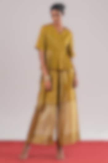 Mehendi Green Tissue Silk Wide-Leg Pants by Urvashi Kaur at Pernia's Pop Up Shop