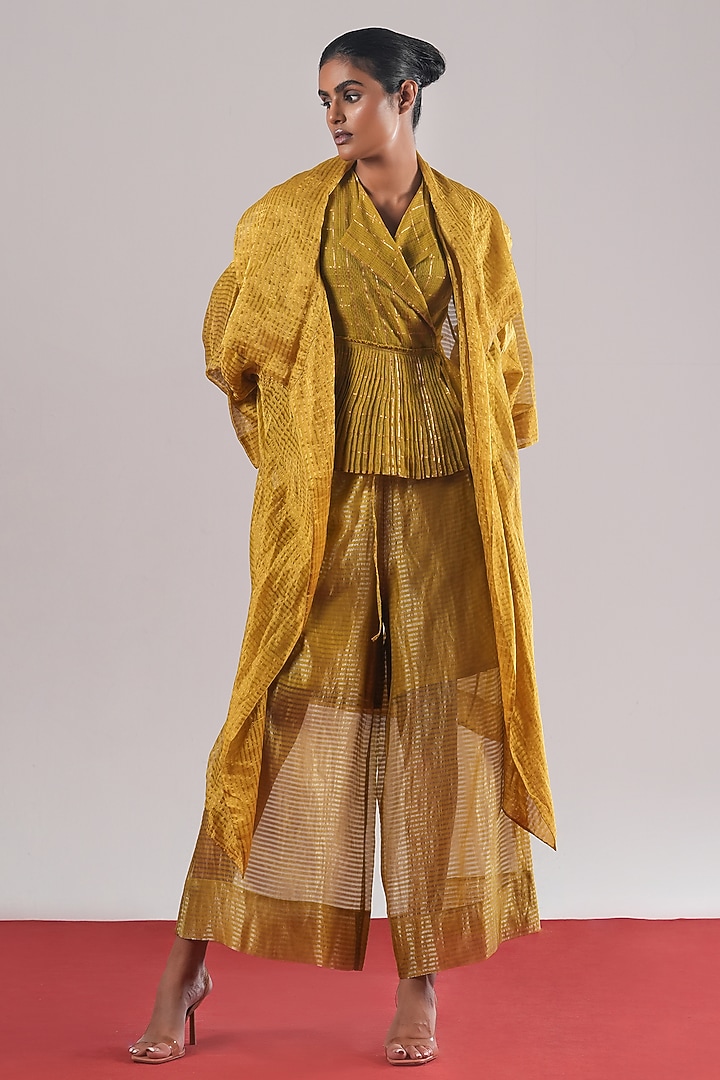 Mehendi Green Striped Zari Tissue Silk Overlay Jacket by Urvashi Kaur at Pernia's Pop Up Shop