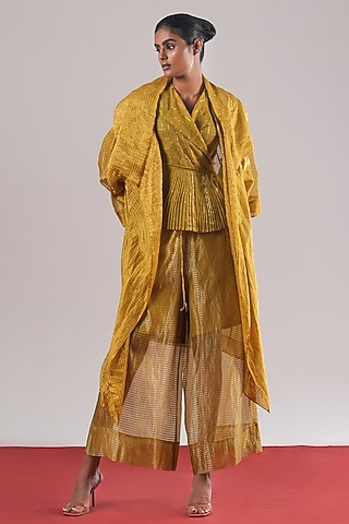 Mehendi Green Striped Zari Tissue Silk Overlay Jacket by Urvashi Kaur