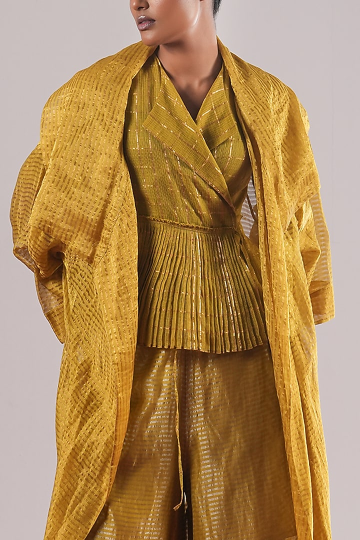 Mehendi Green Striped Zari Tissue Silk Overlay Jacket by Urvashi Kaur at Pernia's Pop Up Shop