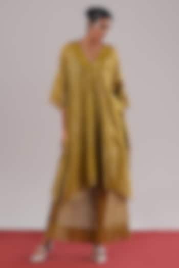 Mehendi Green Zari Tussar Silk Leheriya A-Line Vacation Dress by Urvashi Kaur at Pernia's Pop Up Shop