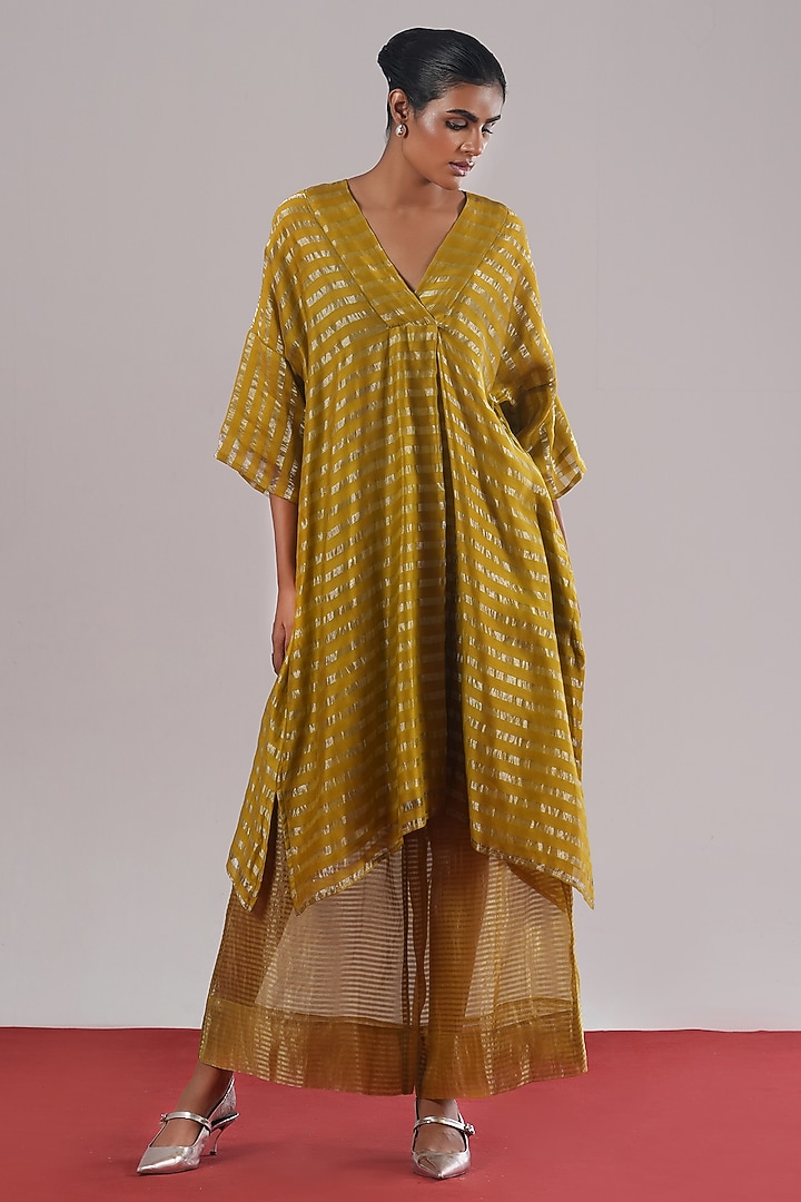 Mehendi Green Zari Tussar Silk Leheriya A-Line Vacation Dress by Urvashi Kaur at Pernia's Pop Up Shop