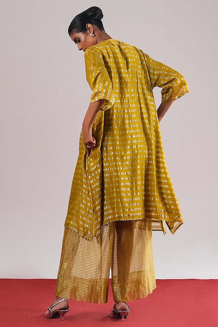 Mehendi Green Zari Tussar Silk Leheriya A-Line Vacation Dress by Urvashi Kaur at Pernia's Pop Up Shop