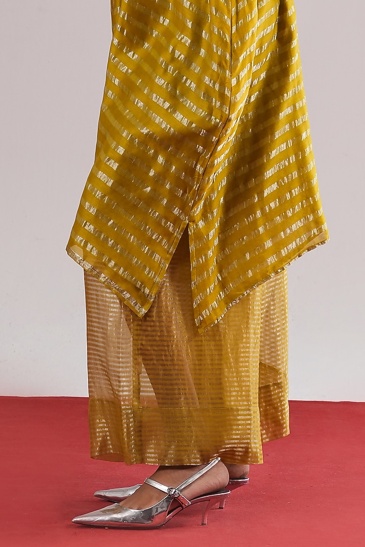Mehendi Green Zari Tussar Silk Leheriya A-Line Vacation Dress by Urvashi Kaur at Pernia's Pop Up Shop