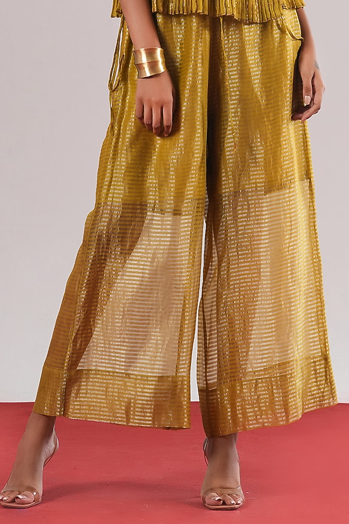 Mehendi Green Tissue Silk Wide-Leg Pants by Urvashi Kaur at Pernia's Pop Up Shop