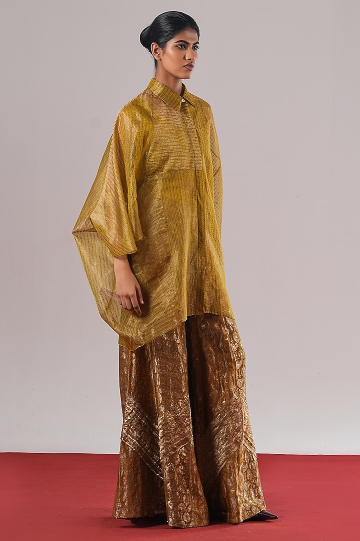 Mehendi Green Chanderi Silk Handwoven Shirt With Slip by Urvashi Kaur at Pernia's Pop Up Shop