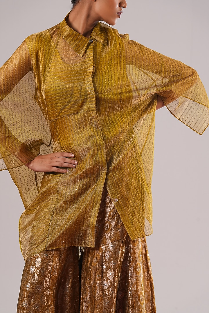 Mehendi Green Chanderi Silk Handwoven Shirt With Slip by Urvashi Kaur at Pernia's Pop Up Shop