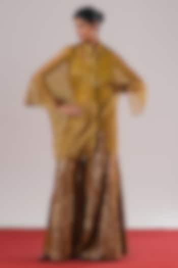 Mehendi Green Tissue Silk Patchwork Wide-Leg Pants by Urvashi Kaur at Pernia's Pop Up Shop