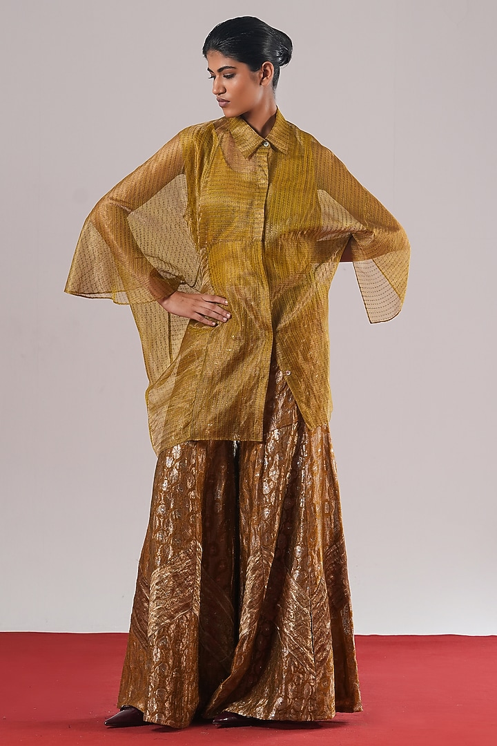 Mehendi Green Tissue Silk Patchwork Wide-Leg Pants by Urvashi Kaur at Pernia's Pop Up Shop