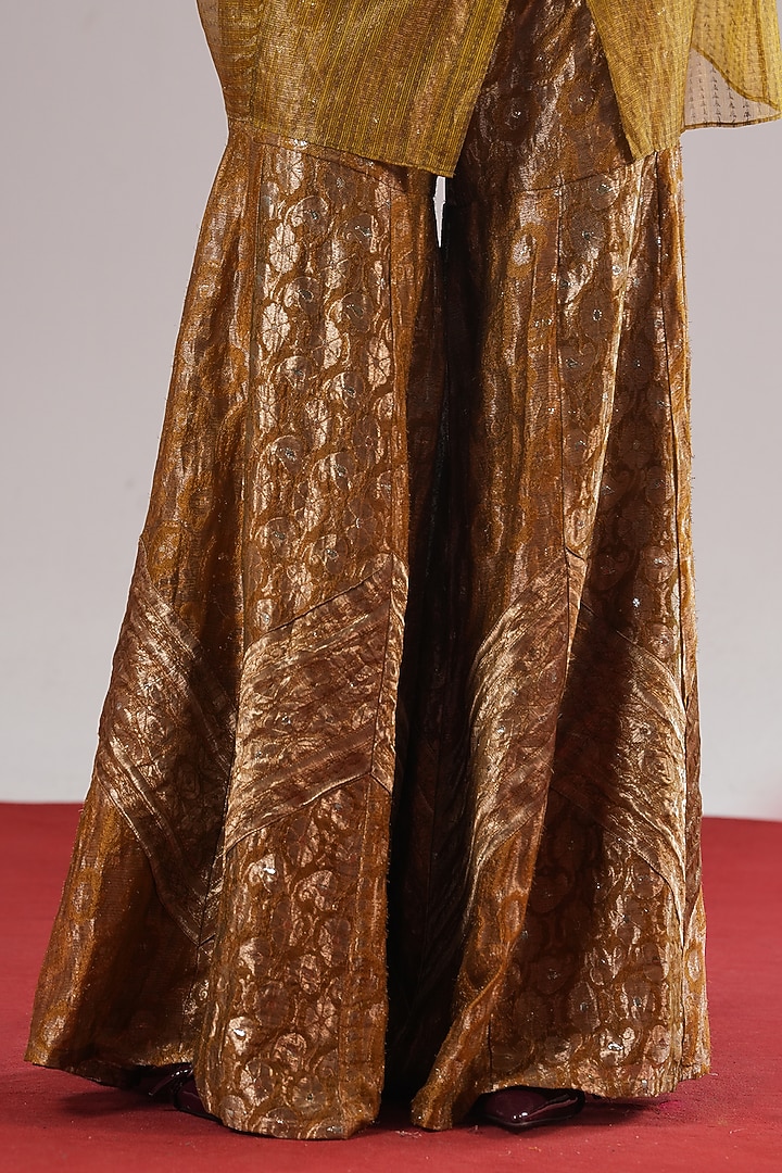 Mehendi Green Tissue Silk Patchwork Wide-Leg Pants by Urvashi Kaur at Pernia's Pop Up Shop