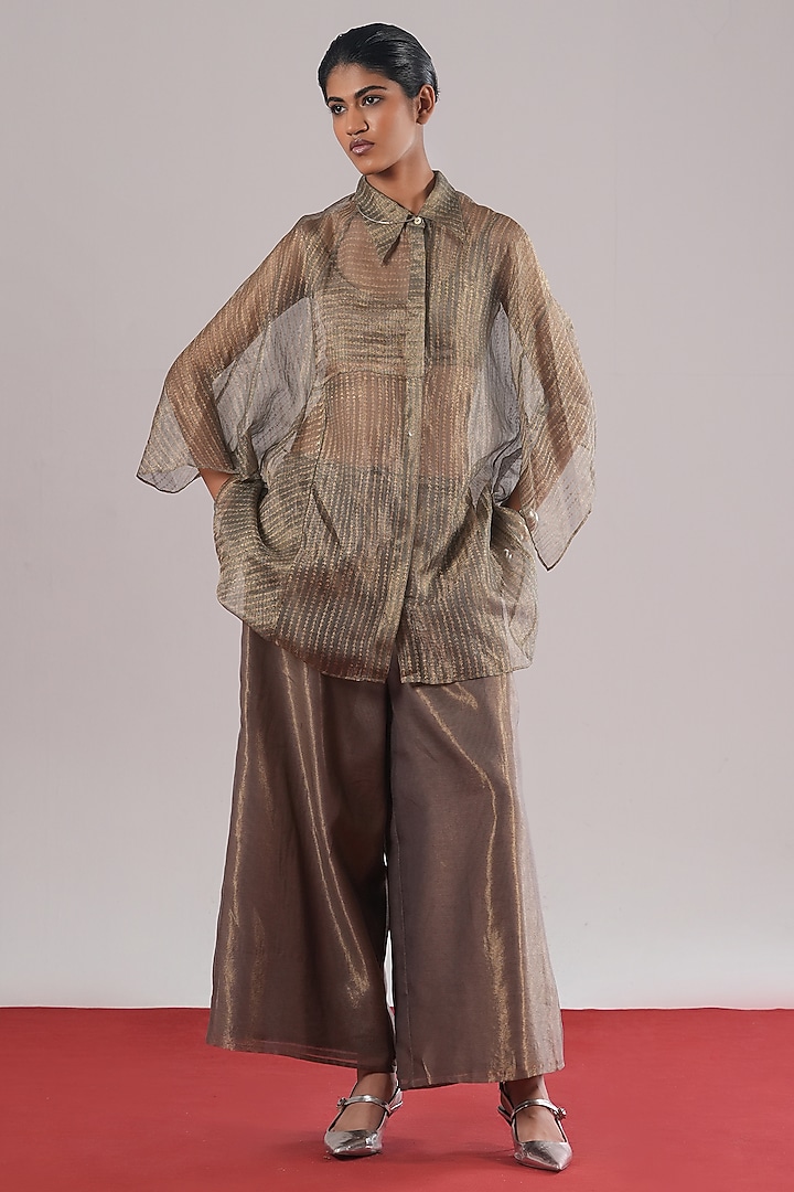 Black Chanderi Silk Handwoven Shirt by Urvashi Kaur at Pernia's Pop Up Shop