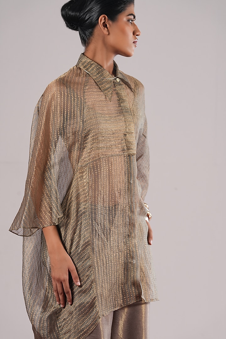 Black Chanderi Silk Handwoven Shirt by Urvashi Kaur at Pernia's Pop Up Shop