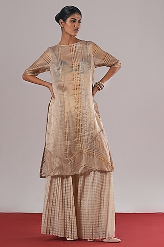 Pearl White Handwoven Chanderi Silk Pleated Pants by Urvashi Kaur