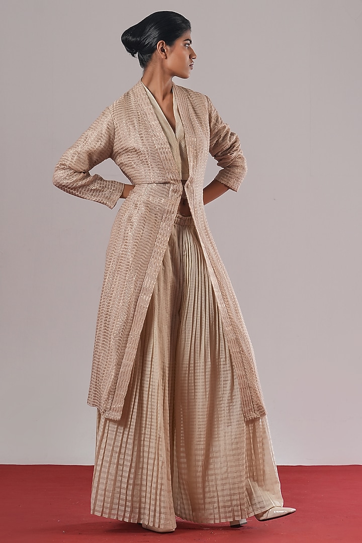 Silver & Grey Cotton Silk Long Jacket by Urvashi Kaur at Pernia's Pop Up Shop