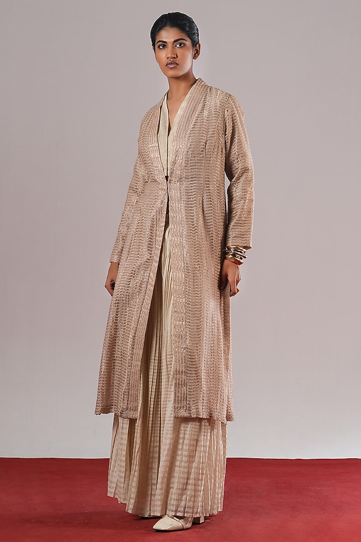 Silver & Grey Cotton Silk Long Jacket by Urvashi Kaur at Pernia's Pop Up Shop