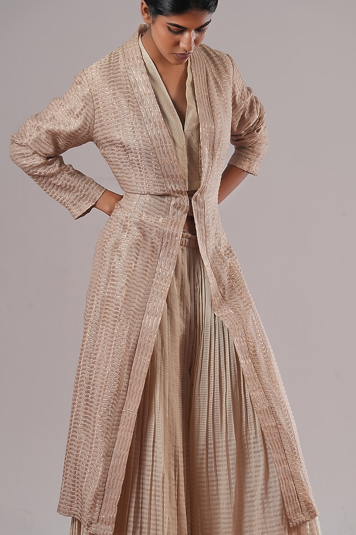 Silver & Grey Cotton Silk Long Jacket by Urvashi Kaur at Pernia's Pop Up Shop