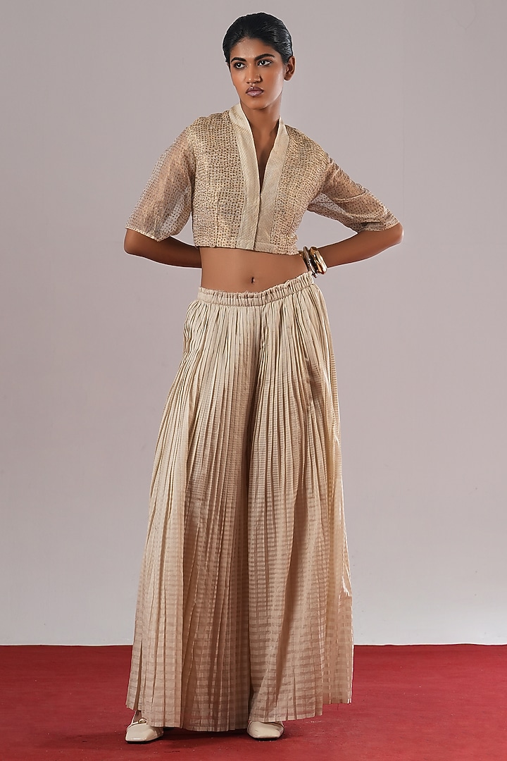 Pearl White Handwoven Chanderi Silk Pleated Pants by Urvashi Kaur at Pernia's Pop Up Shop