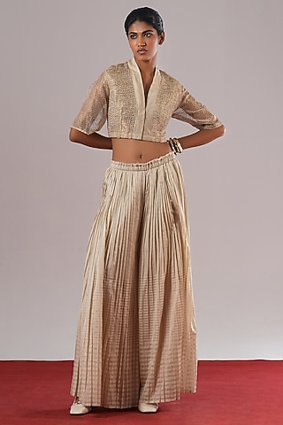 Pearl White Handwoven Chanderi Silk Pleated Pants by Urvashi Kaur
