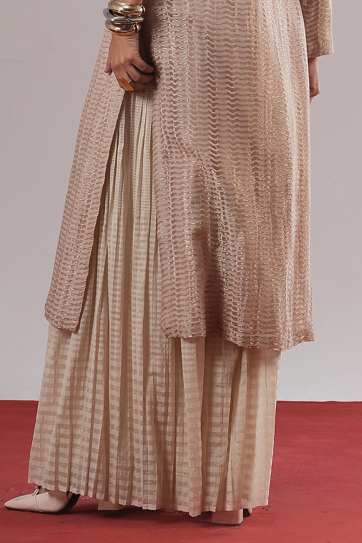 Pearl White Handwoven Chanderi Silk Pleated Pants by Urvashi Kaur at Pernia's Pop Up Shop