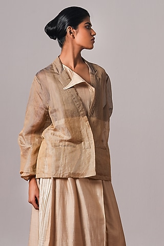 Gold & Grey Handwoven Tissue Silk Jacket by Urvashi Kaur