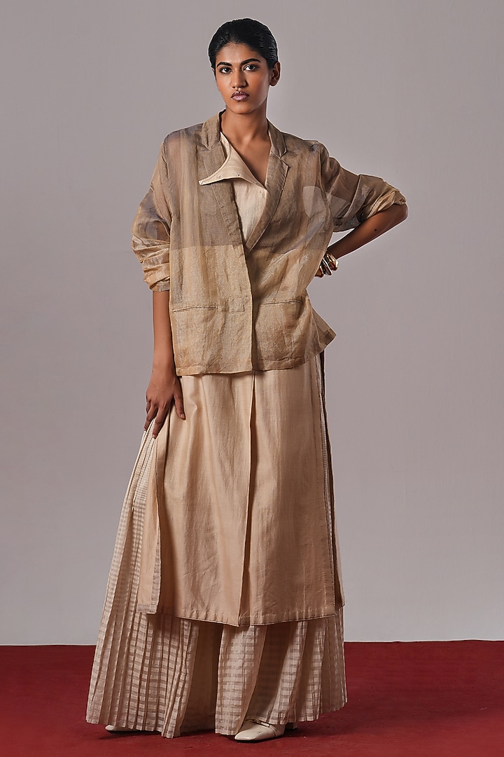 Pearl White Handwoven Chanderi Silk Pleated Pants by Urvashi Kaur at Pernia's Pop Up Shop