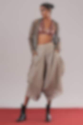 Silver & Grey Striped Tissue Silk Asymmetric Pants by Urvashi Kaur at Pernia's Pop Up Shop