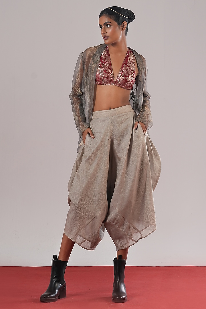 Silver & Grey Striped Tissue Silk Asymmetric Pants by Urvashi Kaur at Pernia's Pop Up Shop