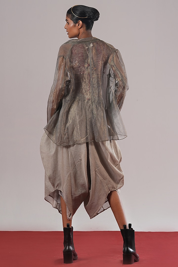 Silver & Grey Striped Tissue Silk Asymmetric Pants by Urvashi Kaur at Pernia's Pop Up Shop